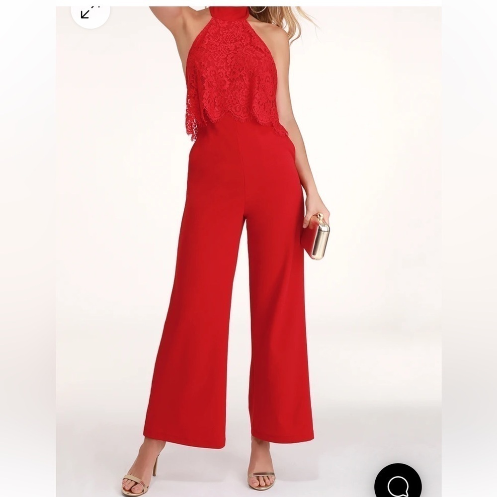 Lulus Bethanie Red Lace Halter Jumpsuit Size XS